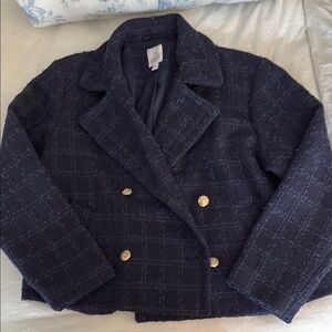 Elegant Navy Double-Breasted Women's Tweed Cropped Jacket